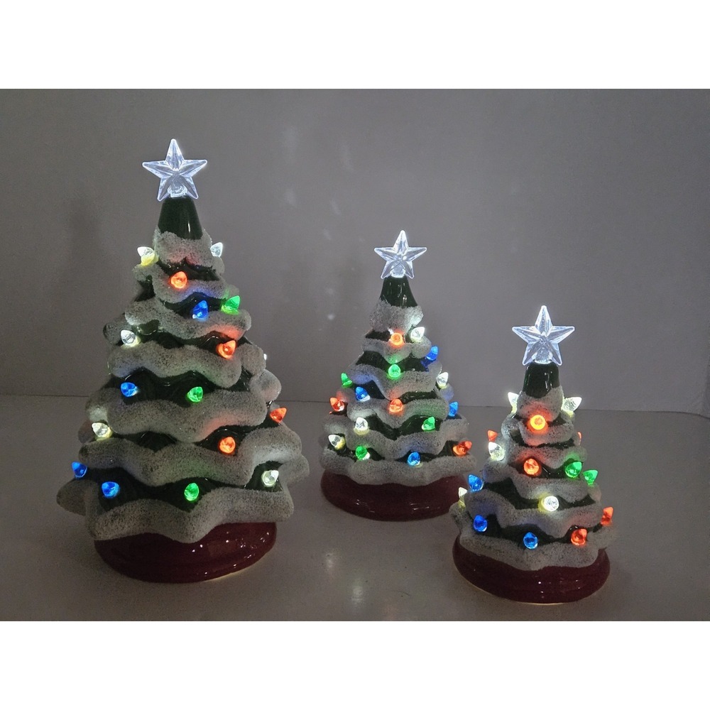 Vintage Style LED Lighted Ceramic Christmas Tree Trio Set of 3 FAO Schwarz